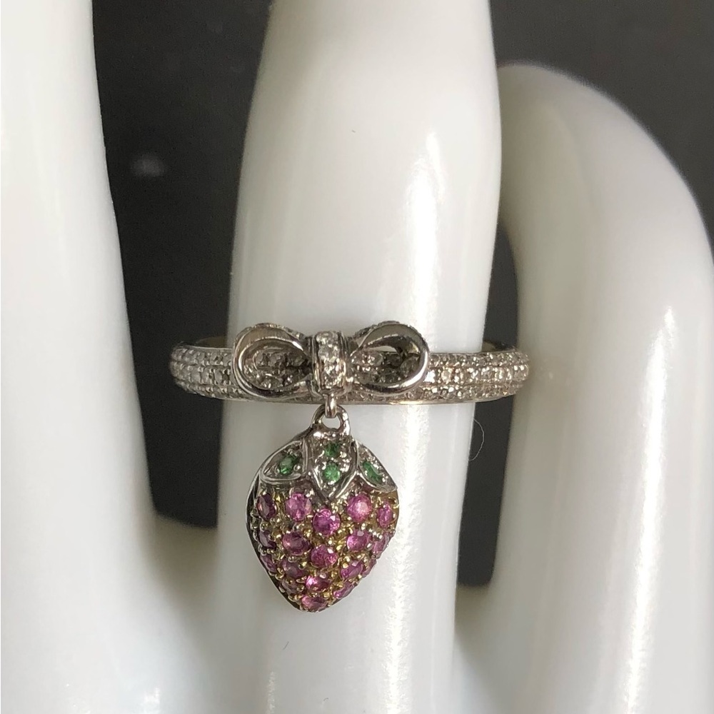 Sterling Silver Ring with Dangling Strawberry of Pink and Green Sapphires